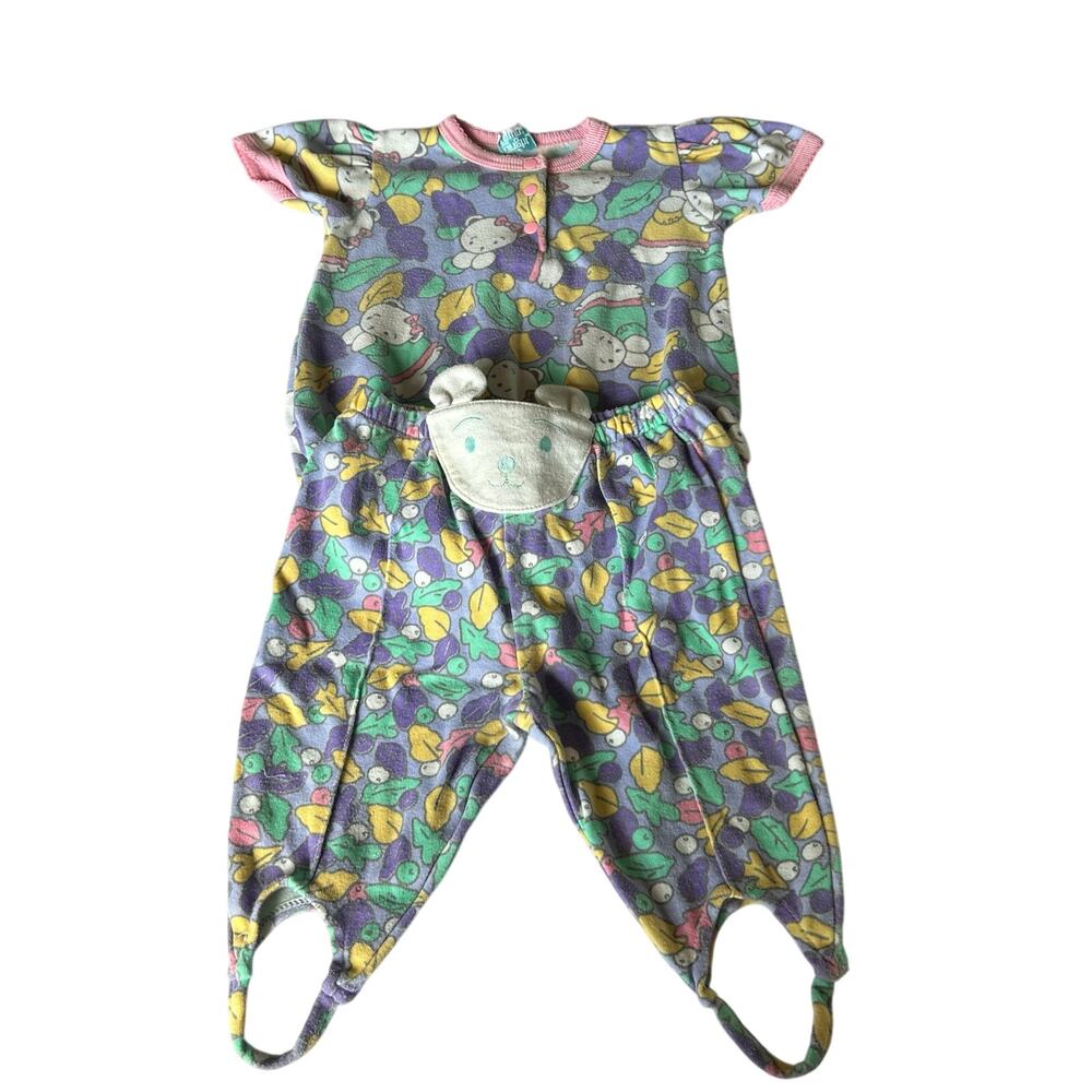 Bright Future Vtg Baby Girls Size 6-9 Months Purple Cat Bodysuit & Stirrup Pants